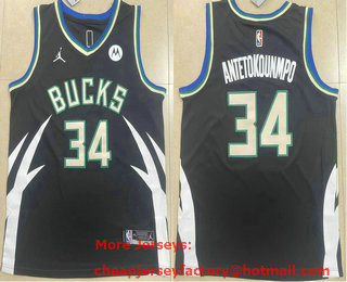 Men's Milwaukee Bucks #34 Giannis Antetokounmpo Black 2023 Jordan Swingman Stitched Jersey With Sponsor
