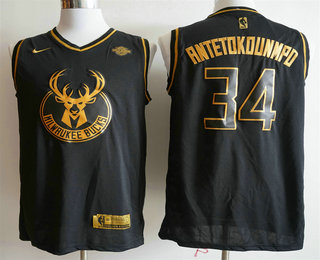 Men's Milwaukee Bucks #34 Giannis Antetokounmpo Black Golden Edition Nike Swingman Jersey With The Sponsor Logo