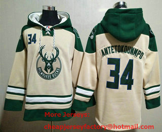 Men's Milwaukee Bucks #34 Giannis Antetokounmpo Cream Ageless Must Have Lace Up Pullover Hoodie