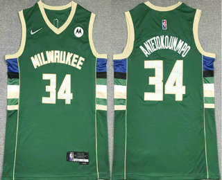 Men's Milwaukee Bucks #34 Giannis Antetokounmpo Green 75th Anniversary Diamond 2021 Stitched Jersey With Sponsor