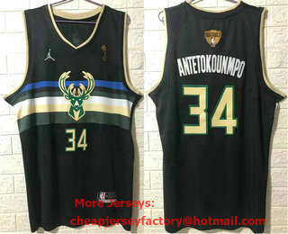 Men's Milwaukee Bucks #34 Giannis Antetokounmpo Black 2021 Champions Brand Jordan Swingman Stitched Jersey