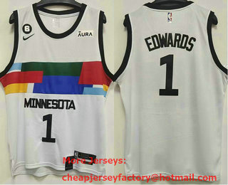 Men's Minnesota Timberwolves #1 Anthony Edwards 2022 White City Edition With 6 Patch Stitched Jersey With Sponsor