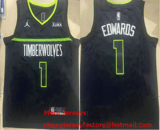 Men's Minnesota Timberwolves #1 Anthony Edwards Navy Blue 2023 Jordan Swingman Stitched Jersey With Sponsor