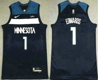 Men's Minnesota Timberwolves #1 Anthony Edwards Navy Blue 75th Anniversary Diamond 2021 Stitched Jersey With Sponsor