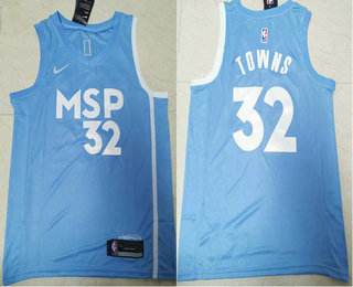 Men's Minnesota Timberwolves #32 Karl-Anthony Towns Light Blue 2020 Nike City Edition Swingman Jersey With The Sponsor Logo