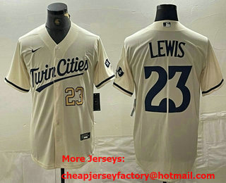 Men's Minnesota Twins #23 Royce Lewis Number Cream Cool Base Stitched Baseball Jersey 01