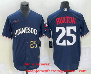Men's Minnesota Twins #25 Byron Buxton Number 2023 Navy Blue Cool Base Stitched Jersey 01