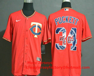 Men's Minnesota Twins #34 Kirby Puckett Red Team Logo Stitched MLB Cool Base Nike Jersey