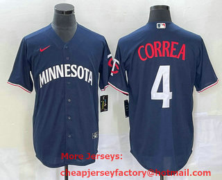 Men's Minnesota Twins #4 Carlos Correa 2023 Navy Blue Cool Base Stitched Jersey 01