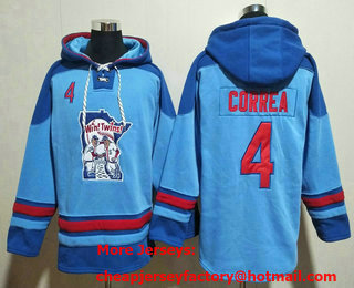 Men's Minnesota Twins #4 Carlos Correa Blue Ageless Must Have Lace Up Pullover Hoodie
