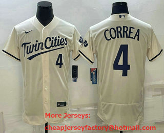 Men's Minnesota Twins #4 Carlos Correa Cream 2022 City Connect Flex Base Stitched Jersey
