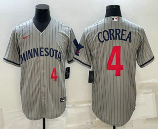 Men's Minnesota Twins #4 Carlos Correa Number 2023 Grey Home Team Cool Base Stitched Jersey