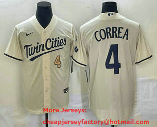 Men's Minnesota Twins #4 Carlos Correa Number Cream 2022 City Connect Cool Base Stitched Jersey