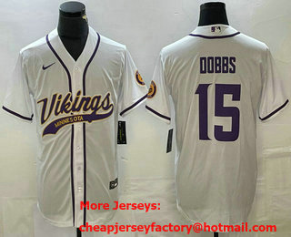 Men's Minnesota Vikings #15 Josh Dobbs White With Patch Cool Base Stitched Baseball Jersey