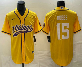 Men's Minnesota Vikings #15 Josh Dobbs Yellow With Patch Cool Base Stitched Baseball Jersey
