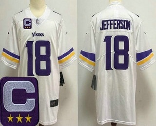 Men's Minnesota Vikings #18 Justin Jefferson Limited White 2025 Captain Patch Vapor Jersey