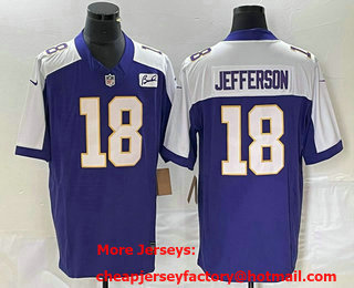 Men's Minnesota Vikings #18 Justin Jefferson Limited Purple FUSE Bud Grant Patch Fashion Vapor Jersey