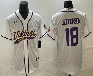 Men's Minnesota Vikings #18 Justin Jefferson White With Patch Cool Base Stitched Baseball Jersey