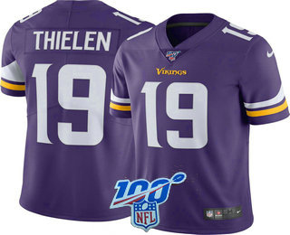 Men's Minnesota Vikings #19 Adam Thielen Purple With 100th Patch 2017 Vapor Untouchable Stitched NFL Nike Limited Jersey
