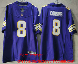 Men's Minnesota Vikings #8 Kirk Cousins Purple 2023 FUSE Vapor Limited Throwback Stitched Jersey