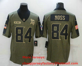 Men's Minnesota Vikings #84 Randy Moss 2021 Olive Salute To Service Limited Stitched Jersey