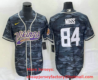 Men's Minnesota Vikings #84 Randy Moss Grey Camo With Patch Cool Base Stitched Baseball Jersey