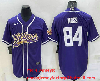 Men's Minnesota Vikings #84 Randy Moss Purple With Patch Cool Base Stitched Baseball Jersey