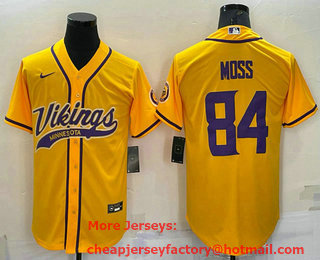 Men's Minnesota Vikings #84 Randy Moss Yellow With Patch Cool Base Stitched Baseball Jersey