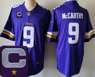 Men's Minnesota Vikings #9 JJ McCarthy Limited Purple 2025 Captain Patch Vapor Jersey