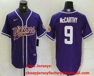 Men's Minnesota Vikings #9 JJ McCarthy Purple Cool Base Stitched Baseball Jersey