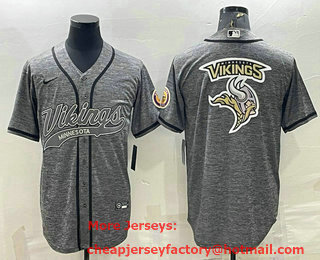 Men's Minnesota Vikings Grey GridironTeam Big Logo With Patch Cool Base Stitched Baseball Jersey