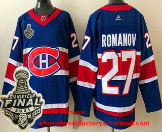 Men's Montreal Canadiens #27 Alexander Romanov Blue 2021 Reverse Retro 2021 Stanley Cup Finals Authentic Jersey