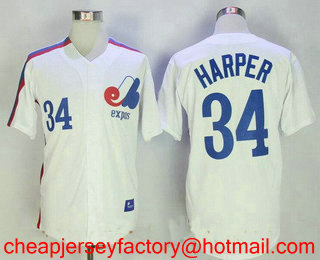 Men's Montreal Expos #34 Bryce Harper 1982 White Stitched MLB Cooperstown Collection Jersey