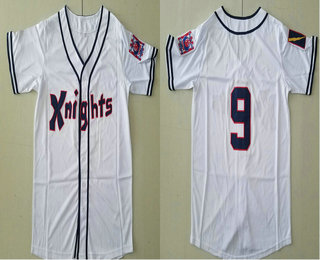 Men's Movie The Natural New York Knights #9 Roy Hobbs White Stitched Button Down Baseball Jersey