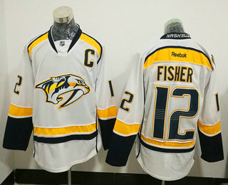 Men's Nashville Predators #12 Mike Fisher White Away C Patch Stitched NHL Reebok Hockey Jersey