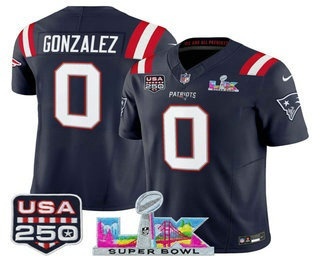 Men's New England Patriots #0 Christian Gonzalez Navy FUSE Super Bowl LX USA 250 Patch Vapor Limited Jersey