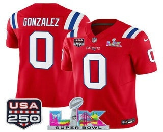 Men's New England Patriots #0 Christian Gonzalez Red FUSE Super Bowl LX USA 250 Patch Vapor Limited Jersey