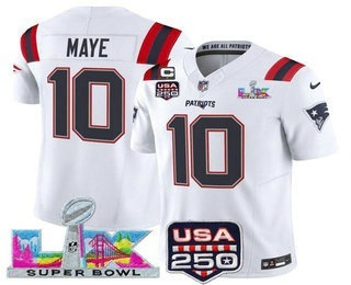 Men's New England Patriots #10 Drake Maye White FUSE C Patch Super Bowl LX USA 250 Patch Vapor Limited Jersey