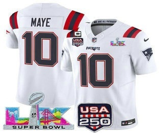 Men's New England Patriots #10 Drake Maye White FUSE Super Bowl LX USA 250 Patch Vapor Limited Jersey