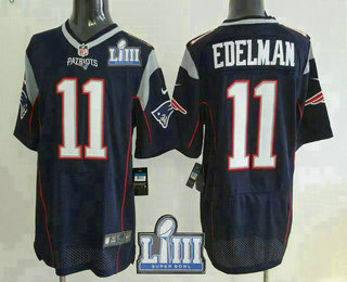Men's New England Patriots #11 Julian Edelman NEW Navy Blue 2019 Super Bowl LIII Patch Team Color Stitched NFL Nike Elite Jersey