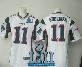 Men's New England Patriots #11 Julian Edelman NEW White Road 2018 Super Bowl LII Patch NFL Nike Game Jersey