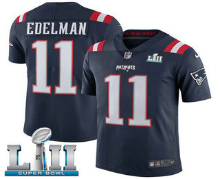 Men's New England Patriots #11 Julian Edelman Navy Blue 2018 Super Bowl LII Patch Color Rush Stitched NFL Nike Limited Jersey
