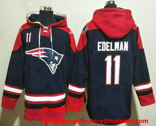 Men's New England Patriots #11 Julian Edelman Navy Blue Ageless Must Have Lace Up Pullover Hoodie