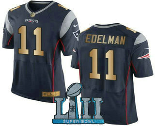 Men's New England Patriots #11 Julian Edelman Navy Blue With Gold 2018 Super Bowl LII Patch Stitched NFL Nike Elite Jersey