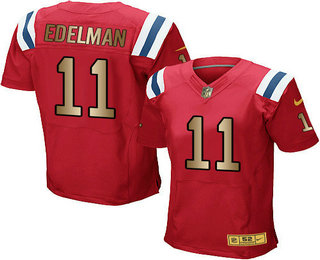 Men's New England Patriots #11 Julian Edelman Red With Gold Stitched NFL Nike Elite Jersey