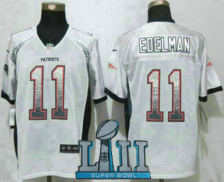 Men's New England Patriots #11 Julian Edelman White 2018 Super Bowl LII Patch Drift Stitched NFL Nike Fashion Jersey
