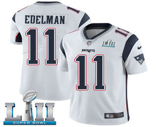 Men's New England Patriots #11 Julian Edelman White 2018 Super Bowl LII Patch Vapor Untouchable Stitched NFL Nike Limited Jersey