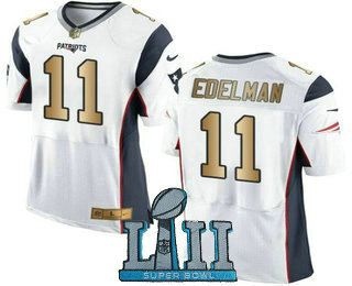 Men's New England Patriots #11 Julian Edelman White With Gold 2018 Super Bowl LII Patch Stitched NFL Nike Elite Jersey