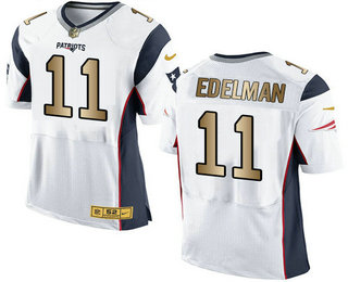 Men's New England Patriots #11 Julian Edelman White With Gold Stitched NFL Nike Elite Jersey