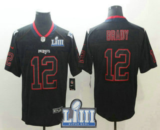 Men's New England Patriots #12 Tom Brady 2019 Super Bowl LIII Patch Black Lights Out Color Rush Stitched NFL Nike Limited Jersey